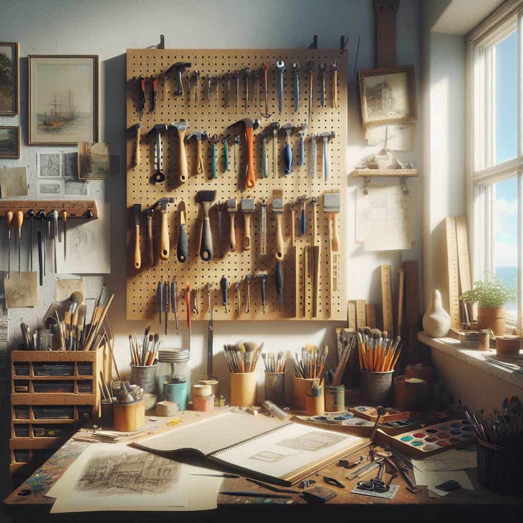 Building a pegboard organizer in artist's studio.